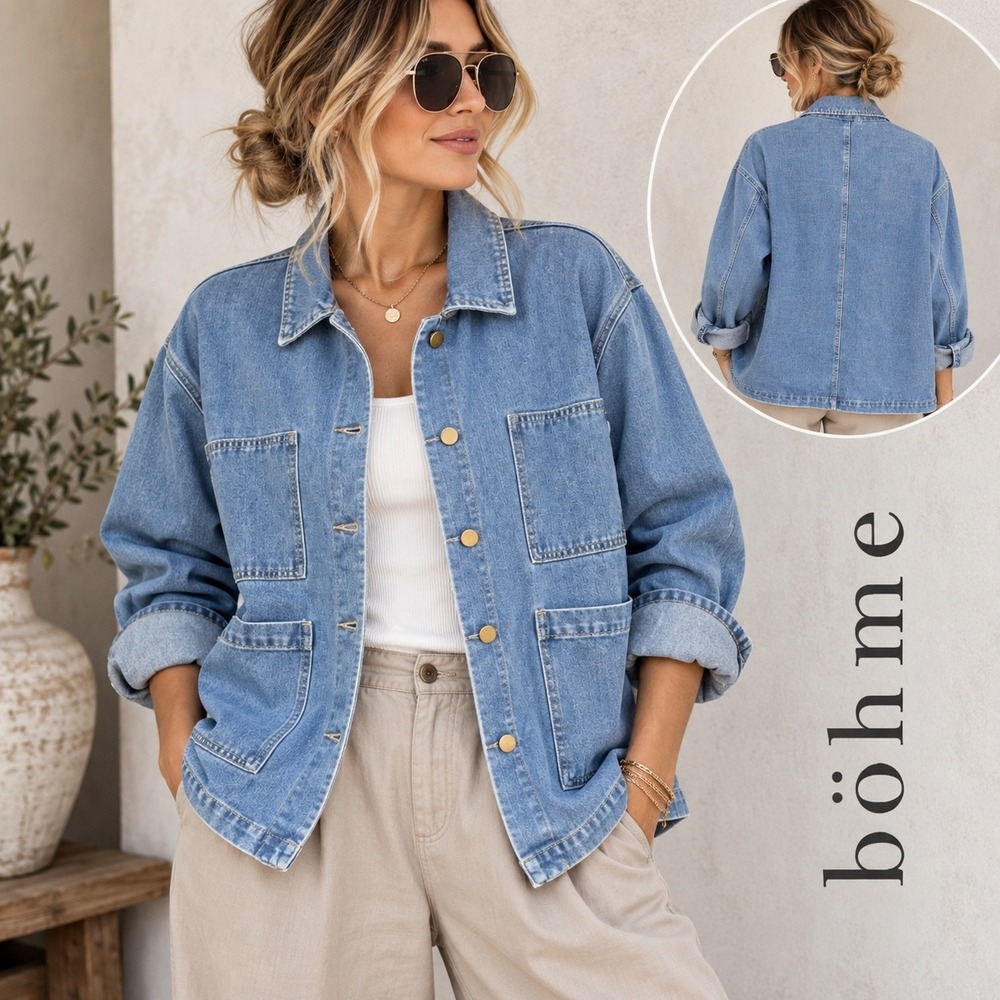 Bohme Denim Chore Jacket Medium Wash Cotton Utility Workwear Coat Women Size M